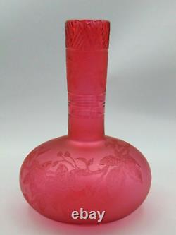 Antique French Cranberry Acid Etched Blooming Flowers Berries Art Glass Cut Vase