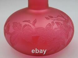 Antique French Cranberry Acid Etched Blooming Flowers Berries Art Glass Cut Vase