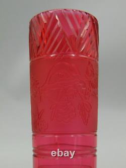 Antique French Cranberry Acid Etched Blooming Flowers Berries Art Glass Cut Vase