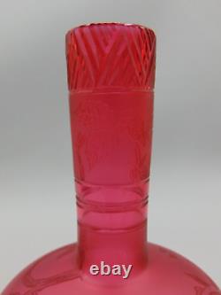 Antique French Cranberry Acid Etched Blooming Flowers Berries Art Glass Cut Vase