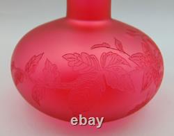 Antique French Cranberry Acid Etched Blooming Flowers Berries Art Glass Cut Vase