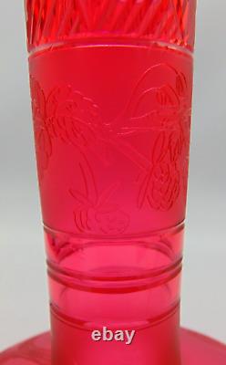 Antique French Cranberry Acid Etched Blooming Flowers Berries Art Glass Cut Vase