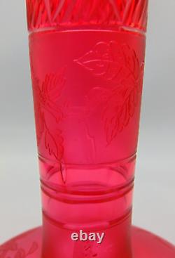 Antique French Cranberry Acid Etched Blooming Flowers Berries Art Glass Cut Vase