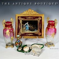 Antique French Cranberry Rubina Glass Vases PAIR Gold Enamel Gilt Bronze Handles