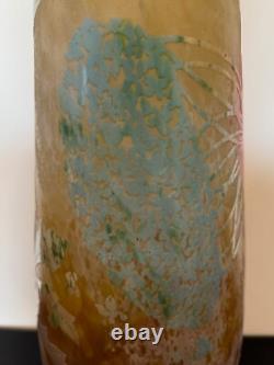 Antique French Daum Nancy Large Art Glass Vase with Dragonfly & Floral Decoration