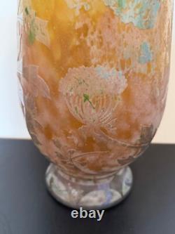 Antique French Daum Nancy Large Art Glass Vase with Dragonfly & Floral Decoration