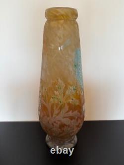 Antique French Daum Nancy Large Art Glass Vase with Dragonfly & Floral Decoration