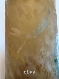 Antique French Daum Nancy Large Art Glass Vase with Dragonfly & Floral Decoration