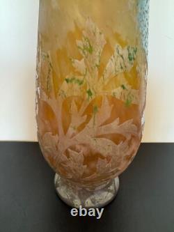 Antique French Daum Nancy Large Art Glass Vase with Dragonfly & Floral Decoration