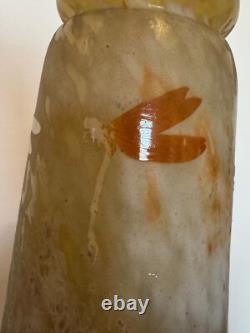 Antique French Daum Nancy Large Art Glass Vase with Dragonfly & Floral Decoration