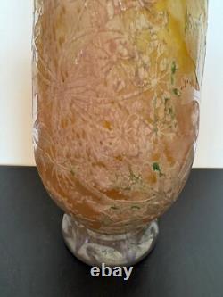 Antique French Daum Nancy Large Art Glass Vase with Dragonfly & Floral Decoration