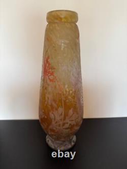 Antique French Daum Nancy Large Art Glass Vase with Dragonfly & Floral Decoration