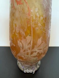 Antique French Daum Nancy Large Art Glass Vase with Dragonfly & Floral Decoration