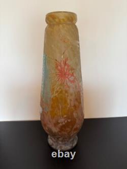 Antique French Daum Nancy Large Art Glass Vase with Dragonfly & Floral Decoration
