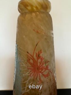 Antique French Daum Nancy Large Art Glass Vase with Dragonfly & Floral Decoration