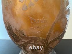 Antique French Daum Nancy Large Art Glass Vase with Dragonfly & Floral Decoration