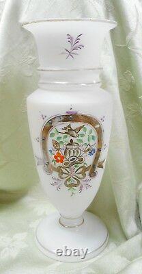 Antique French Enamel Decorated Opaline Art Glass Vase Horseshoe with Beading