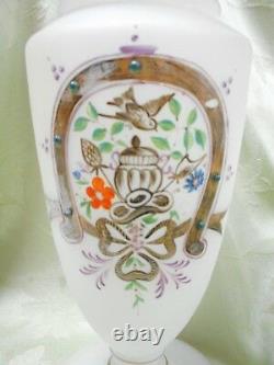 Antique French Enamel Decorated Opaline Art Glass Vase Horseshoe with Beading