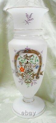 Antique French Enamel Decorated Opaline Art Glass Vase Horseshoe with Beading