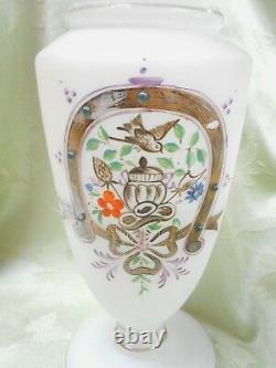 Antique French Enamel Decorated Opaline Art Glass Vase Horseshoe with Beading