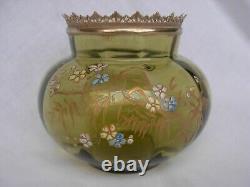 Antique French Enameled Glass Vase With Brass Mount, Art Nouveau