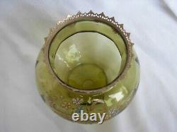 Antique French Enameled Glass Vase With Brass Mount, Art Nouveau