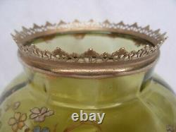 Antique French Enameled Glass Vase With Brass Mount, Art Nouveau