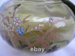 Antique French Enameled Glass Vase With Brass Mount, Art Nouveau