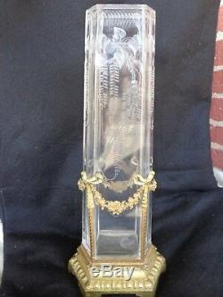 Antique French Engraved Crystal Glass Vase Bronze Dore Rose Garland Mounting