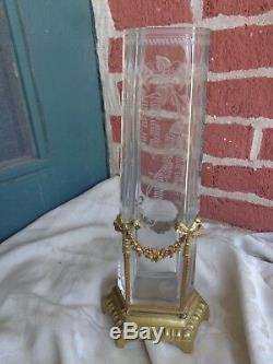 Antique French Engraved Crystal Glass Vase Bronze Dore Rose Garland Mounting