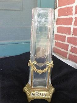 Antique French Engraved Crystal Glass Vase Bronze Dore Rose Garland Mounting