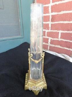 Antique French Engraved Crystal Glass Vase Bronze Dore Rose Garland Mounting