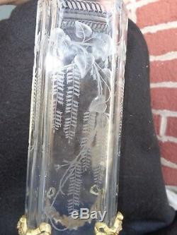 Antique French Engraved Crystal Glass Vase Bronze Dore Rose Garland Mounting
