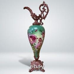 Antique French Ewer, Hand Painted Glass Vase, Painted Metal Mounts