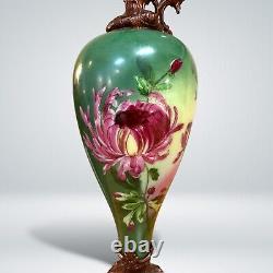 Antique French Ewer, Hand Painted Glass Vase, Painted Metal Mounts
