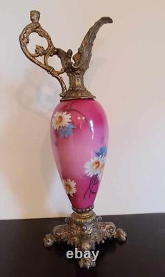 Antique French Ewer, Hand Painted Glass Vase, Painted Metal Mounts. 17 1/4H