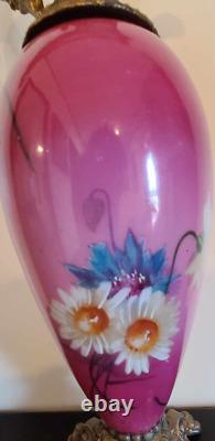 Antique French Ewer, Hand Painted Glass Vase, Painted Metal Mounts. 17 1/4H