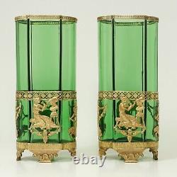 Antique French Gilt Bronze Glass Vases PAIR Ormolu Empire Neoclassical Nymphs