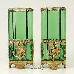 Antique French Gilt Bronze Glass Vases PAIR Ormolu Empire Neoclassical Nymphs