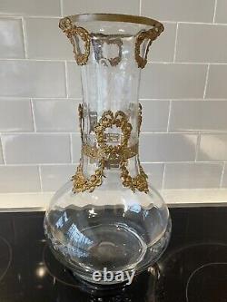 Antique French Gilt Bronze Ormolu Empire Etched Glass Vase 13 1/2