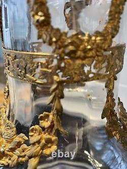 Antique French Gilt Bronze Ormolu Empire Etched Glass Vase 13 1/2