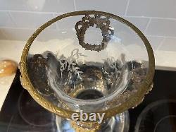 Antique French Gilt Bronze Ormolu Empire Etched Glass Vase 13 1/2