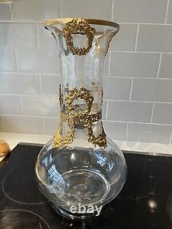 Antique French Gilt Bronze Ormolu Empire Etched Glass Vase 13 1/2