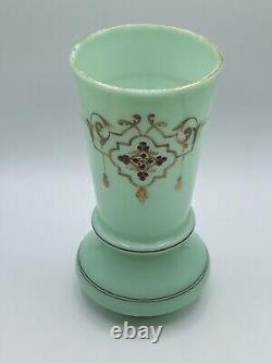 Antique French Green Opaline Glass Vase With Gold Gilt & Hand Painting Glows