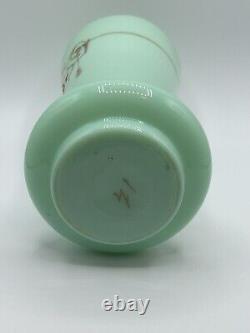 Antique French Green Opaline Glass Vase With Gold Gilt & Hand Painting Glows