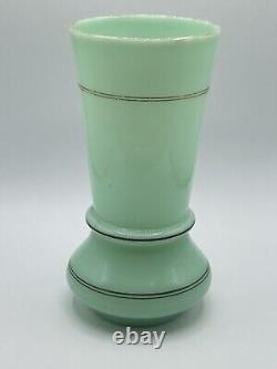 Antique French Green Opaline Glass Vase With Gold Gilt & Hand Painting Glows