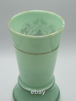 Antique French Green Opaline Glass Vase With Gold Gilt & Hand Painting Glows