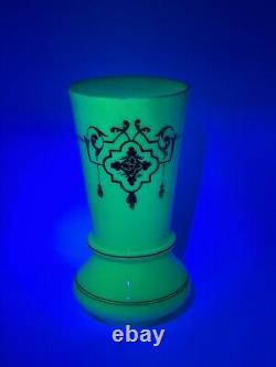Antique French Green Opaline Glass Vase With Gold Gilt & Hand Painting Glows