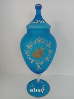 Antique French Hand-Blown Blue Satin Glass Vase Opaline Urn Apothecary Jar WithLid