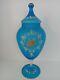 Antique French Hand-Blown Blue Satin Glass Vase Opaline Urn Apothecary Jar WithLid